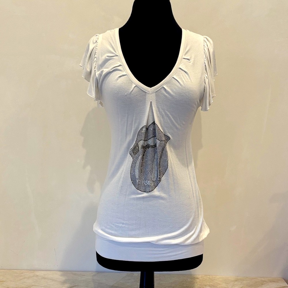 Strass NWOT Rhinestone Rolling Stone Top White V-Neck Ruffle Sleeve French Size1